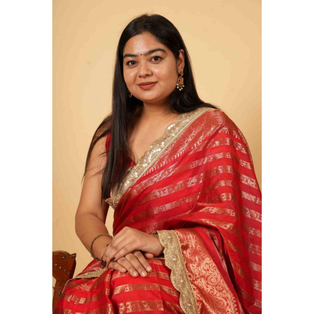 Isadora Life Womens Stripes Embroidered Red Pre-Draped Saree With Unstitched Blouse