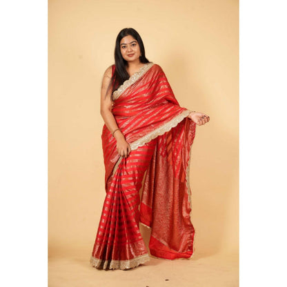 Isadora Life Womens Stripes Embroidered Red Pre-Draped Saree With Unstitched Blouse