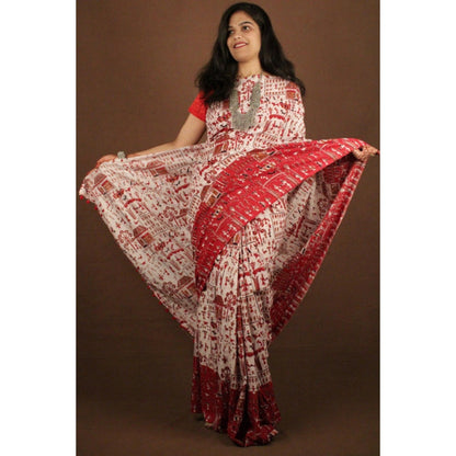 Isadora Life Womens Kalamkari Printed White Pre-Draped Saree With Unstitched Blouse