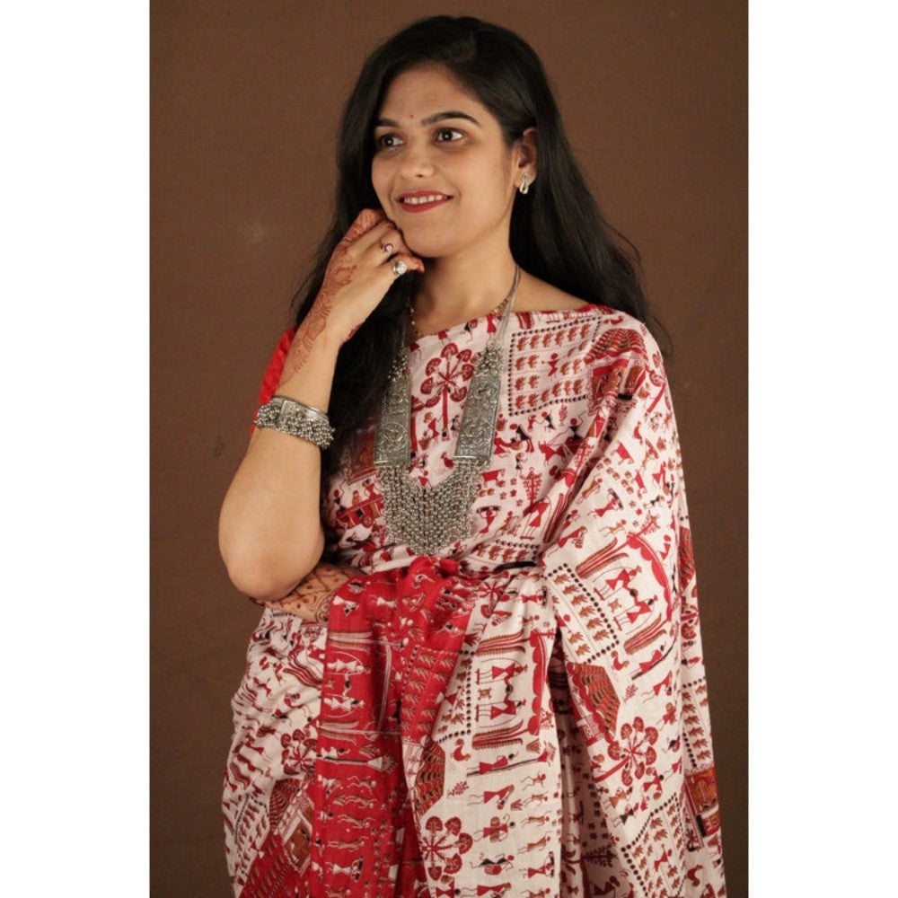 Isadora Life Womens Kalamkari Printed White Pre-Draped Saree With Unstitched Blouse