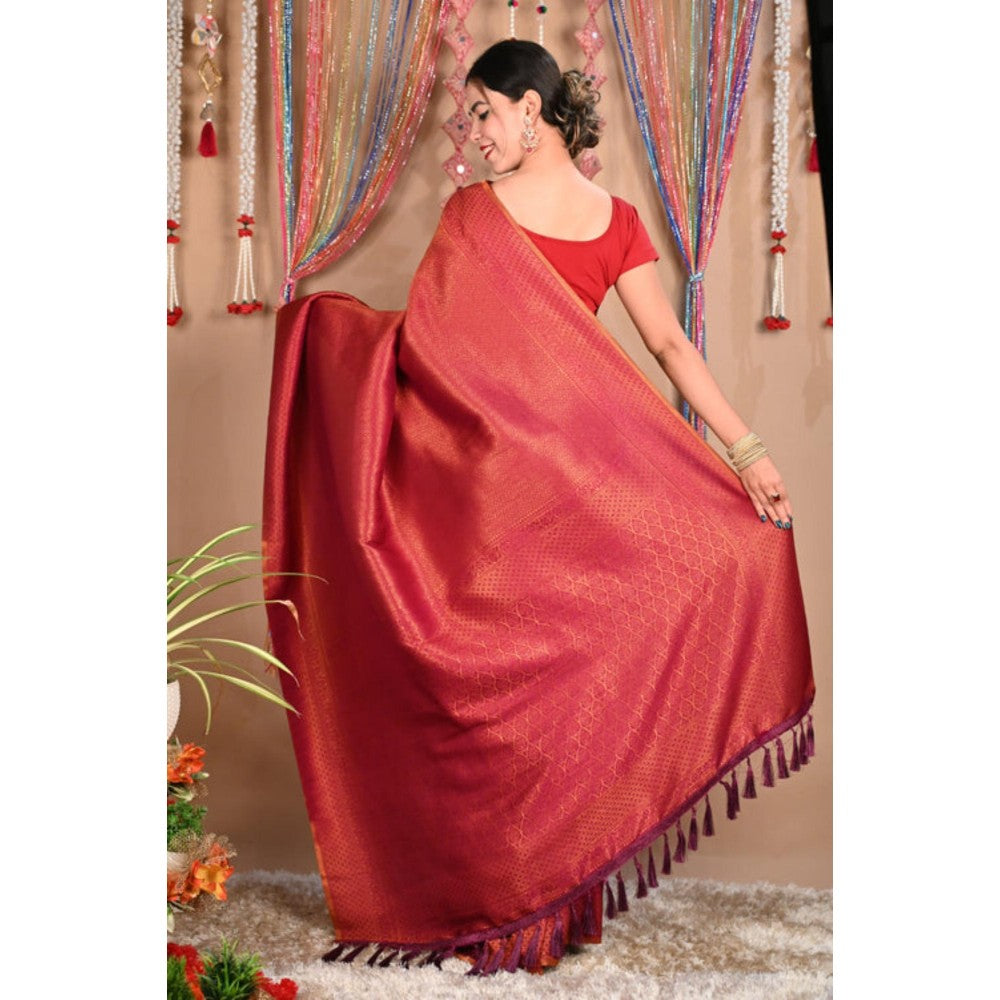 Isadora Life Womens Woven Tassels Red Pre-Draped Saree With Unstitched Blouse