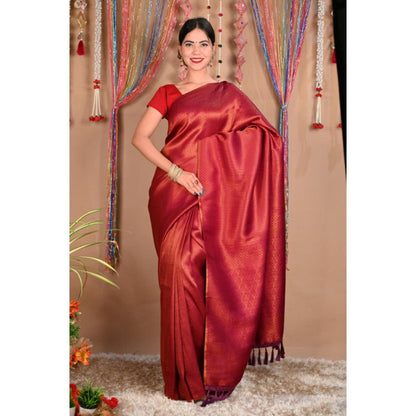 Isadora Life Womens Woven Tassels Red Pre-Draped Saree With Unstitched Blouse