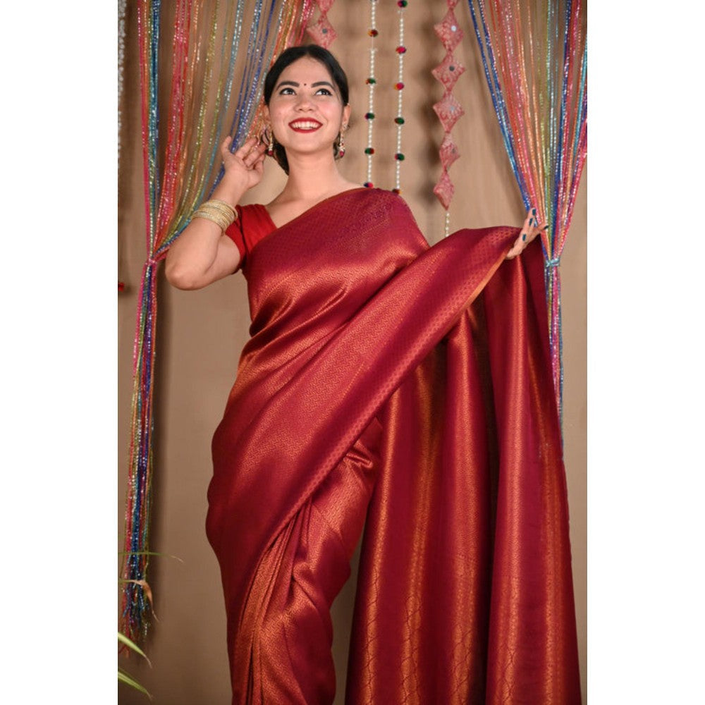Isadora Life Womens Woven Tassels Red Pre-Draped Saree With Unstitched Blouse