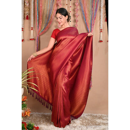 Isadora Life Womens Woven Tassels Red Pre-Draped Saree With Unstitched Blouse
