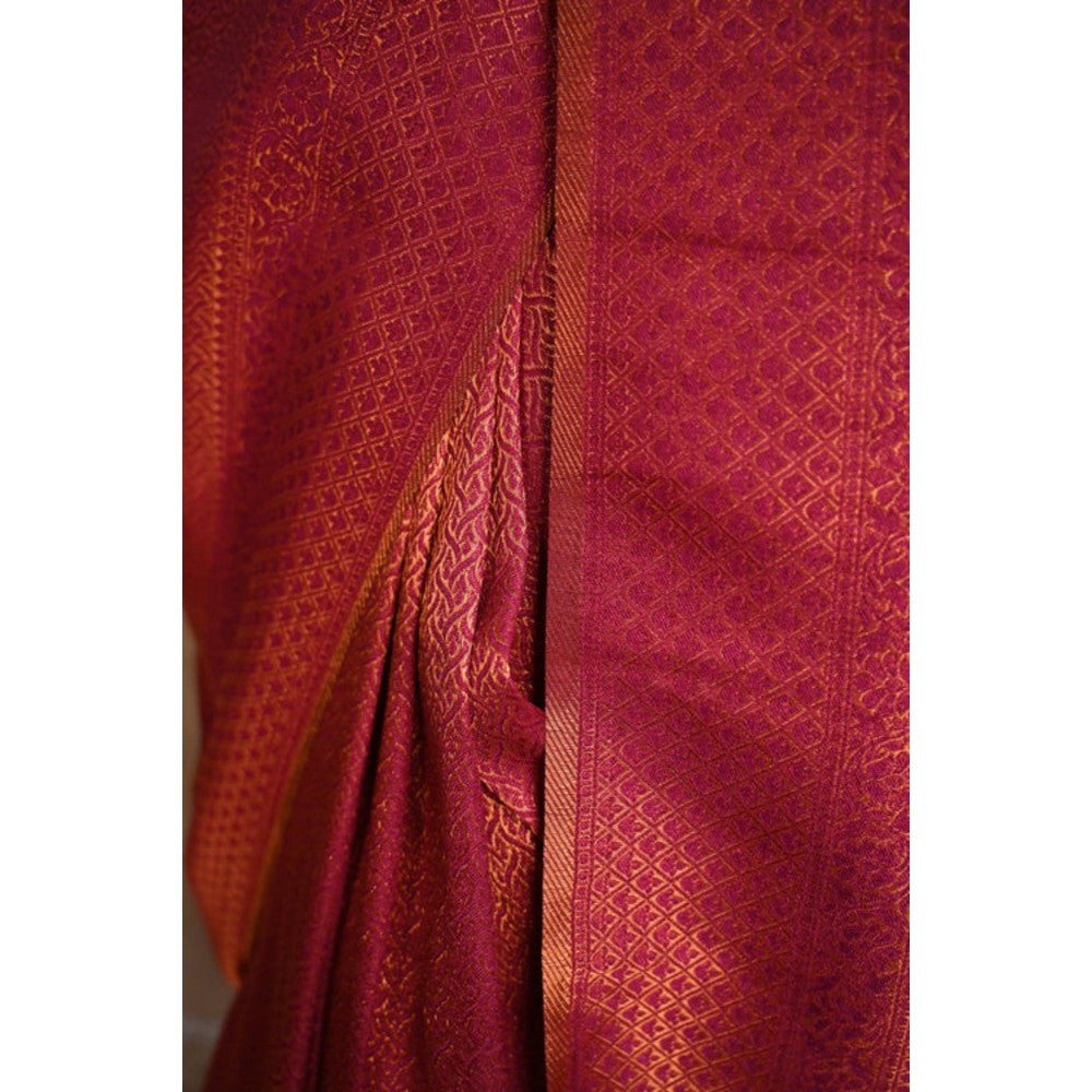 Isadora Life Womens Woven Tassels Red Pre-Draped Saree With Unstitched Blouse