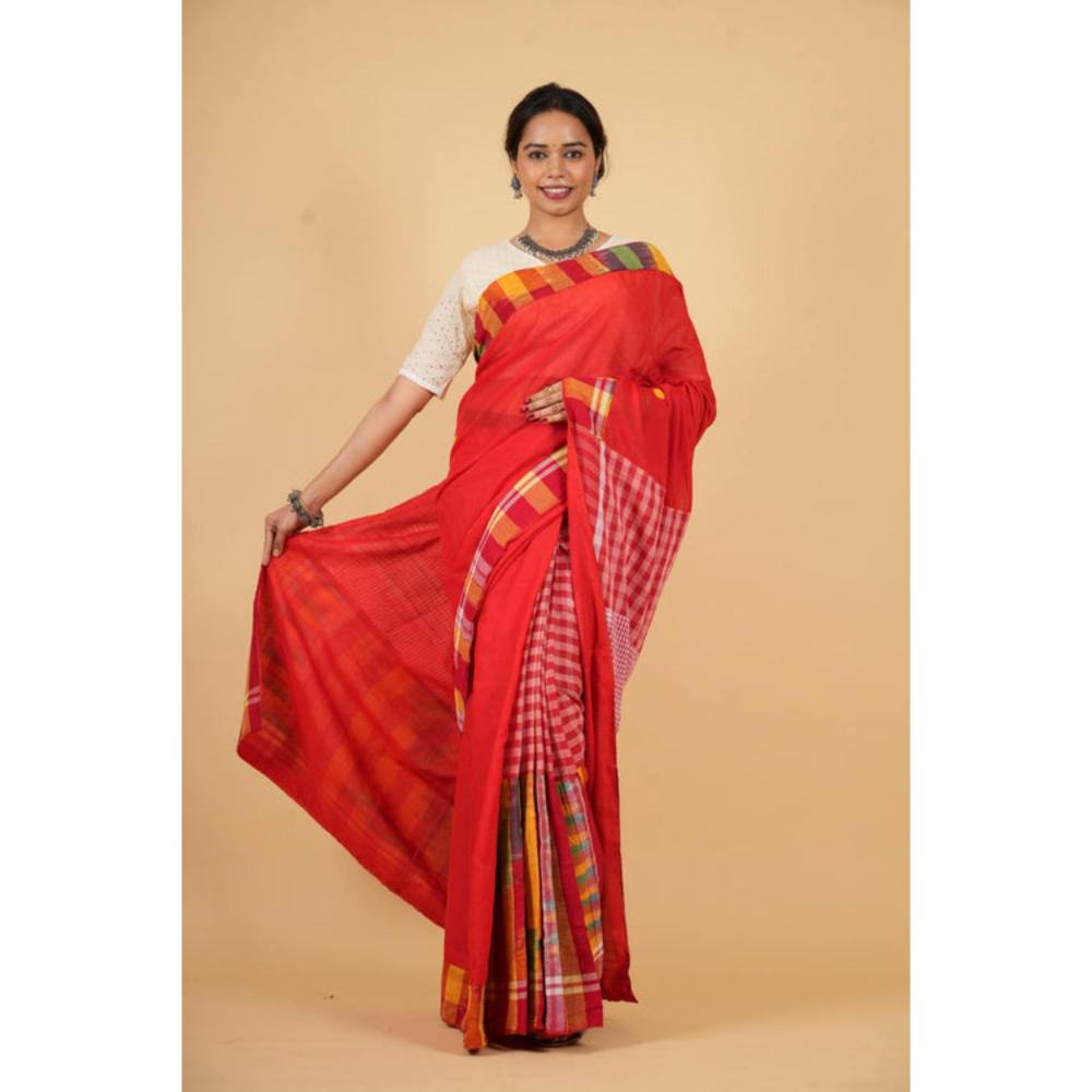 Isadora Life Womens Printed Red Pre-Draped Saree With Unstitched Blouse