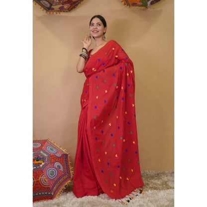Isadora Life Womens Embroidered Tassels Red Pre-Draped Saree With Unstitched Blouse