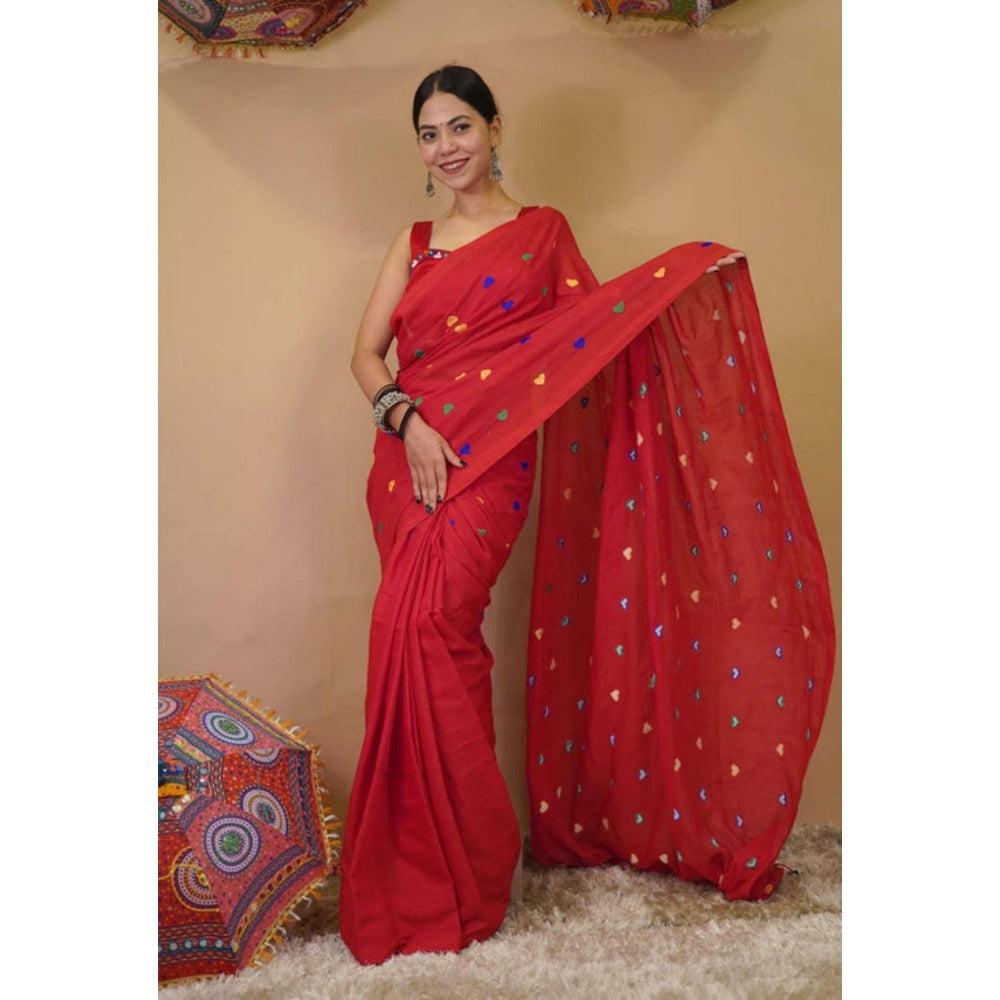 Isadora Life Womens Embroidered Tassels Red Pre-Draped Saree With Unstitched Blouse