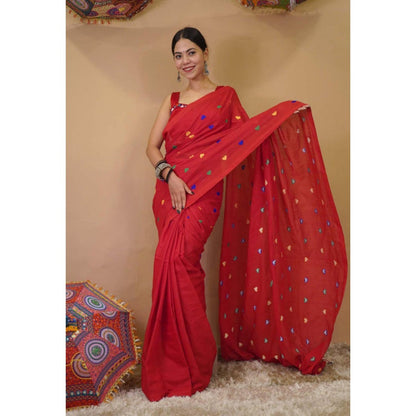 Isadora Life Womens Embroidered Tassels Red Pre-Draped Saree With Unstitched Blouse