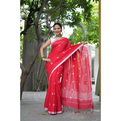 Isadora Life Womens Woven Tassels Pink Pre-Draped Saree With Unstitched Blouse
