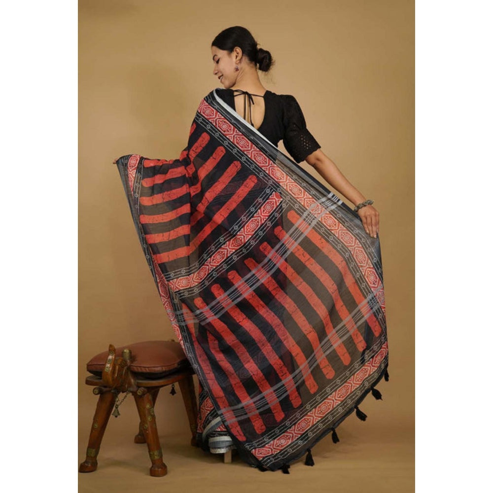 Isadora Life Womens Printed Stripes Black Pre-Draped Saree With Unstitched Blouse