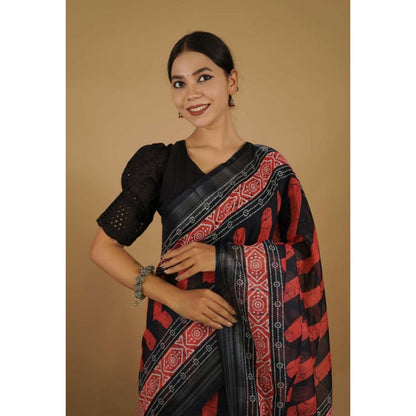 Isadora Life Womens Printed Stripes Black Pre-Draped Saree With Unstitched Blouse