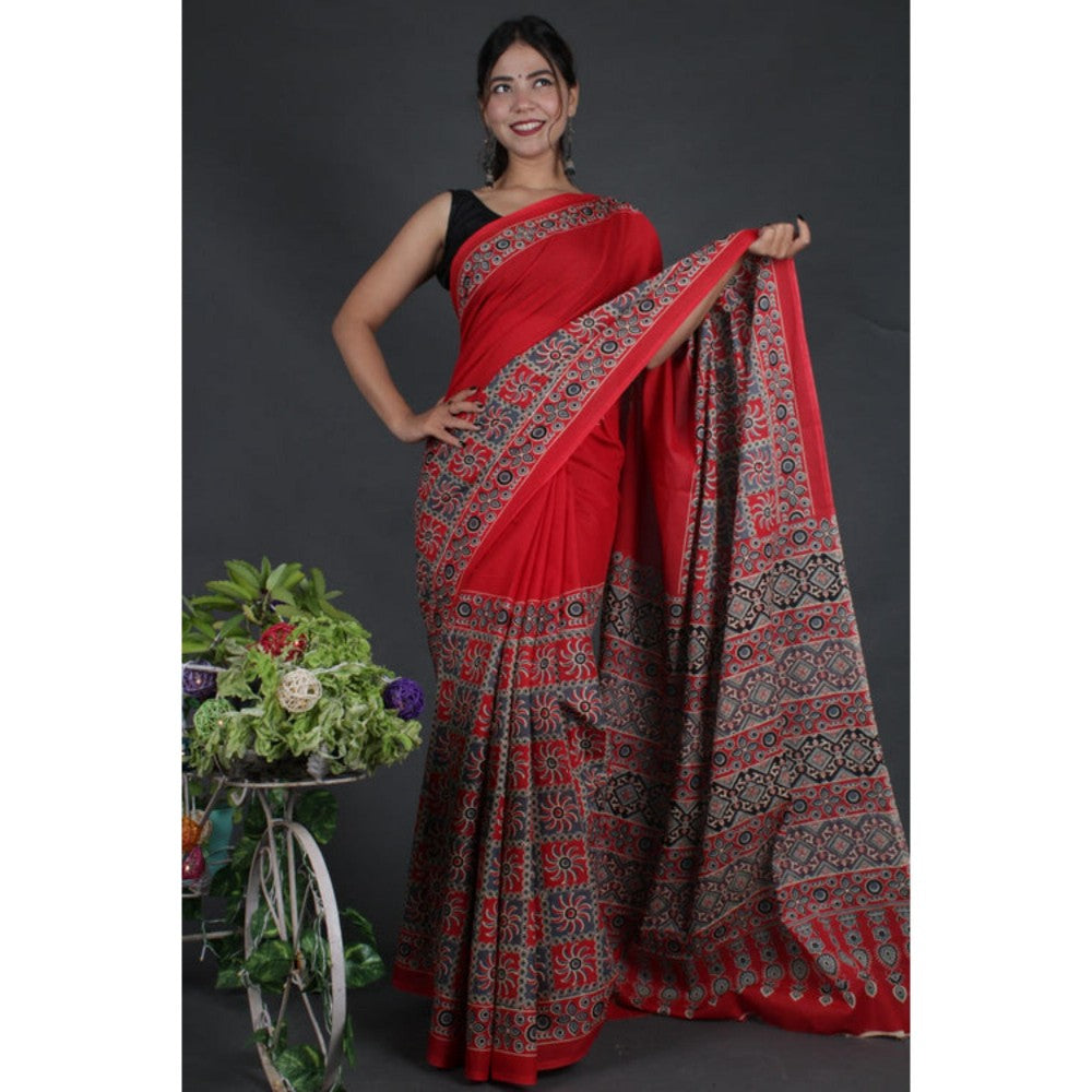 Isadora Life Womens Printed Red Pre-Draped Saree With Unstitched Blouse