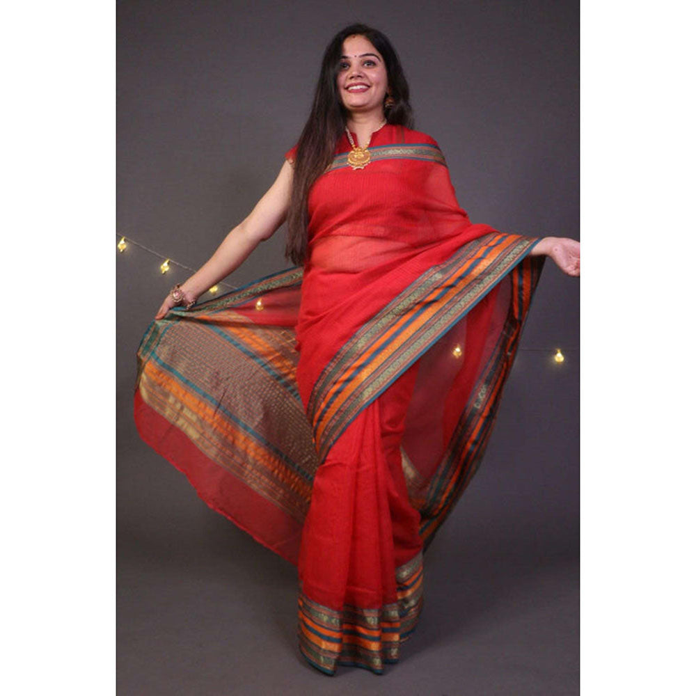 Isadora Life Womens Woven Zari Red Pre-Draped Saree With Unstitched Blouse