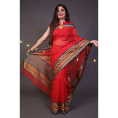 Isadora Life Womens Woven Zari Red Pre-Draped Saree With Unstitched Blouse