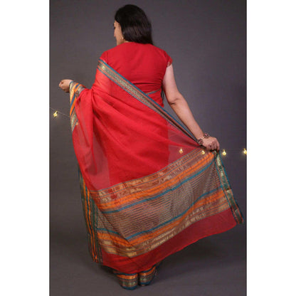 Isadora Life Womens Woven Zari Red Pre-Draped Saree With Unstitched Blouse