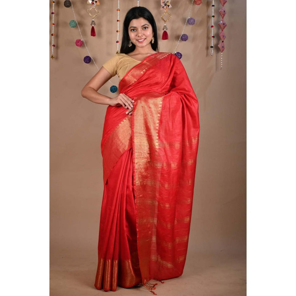 Isadora Life Womens Woven Tassels Red Pre-Draped Saree With Unstitched Blouse