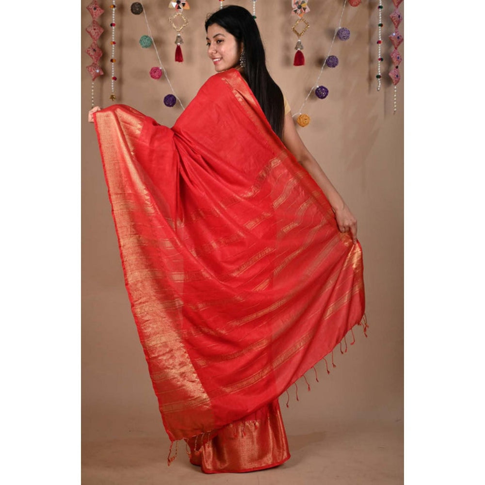 Isadora Life Womens Woven Tassels Red Pre-Draped Saree With Unstitched Blouse