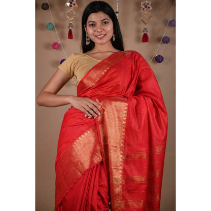 Isadora Life Womens Woven Tassels Red Pre-Draped Saree With Unstitched Blouse