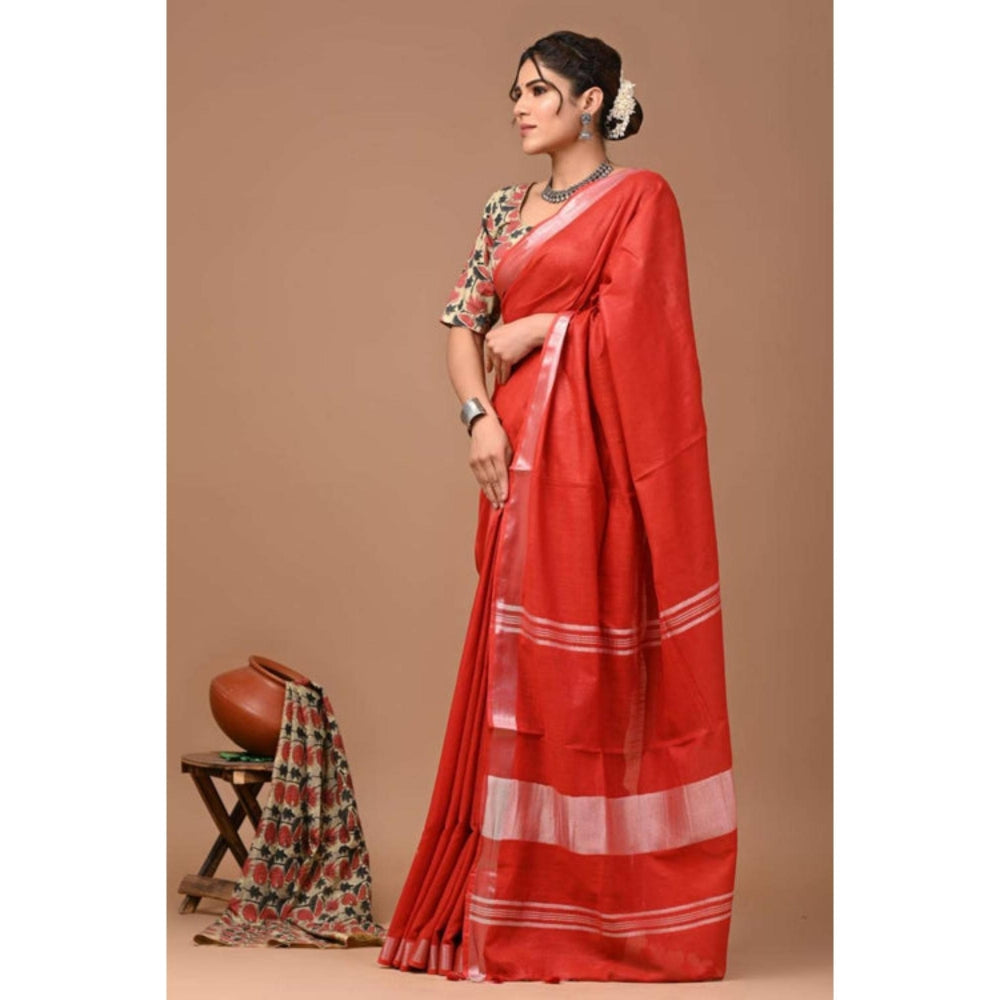 Isadora Life Womens Solid Woven Orange Pre-Draped Saree With Unstitched Blouse