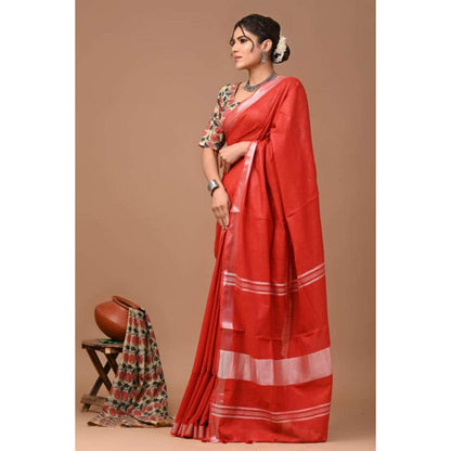 Isadora Life Womens Solid Woven Orange Pre-Draped Saree With Unstitched Blouse