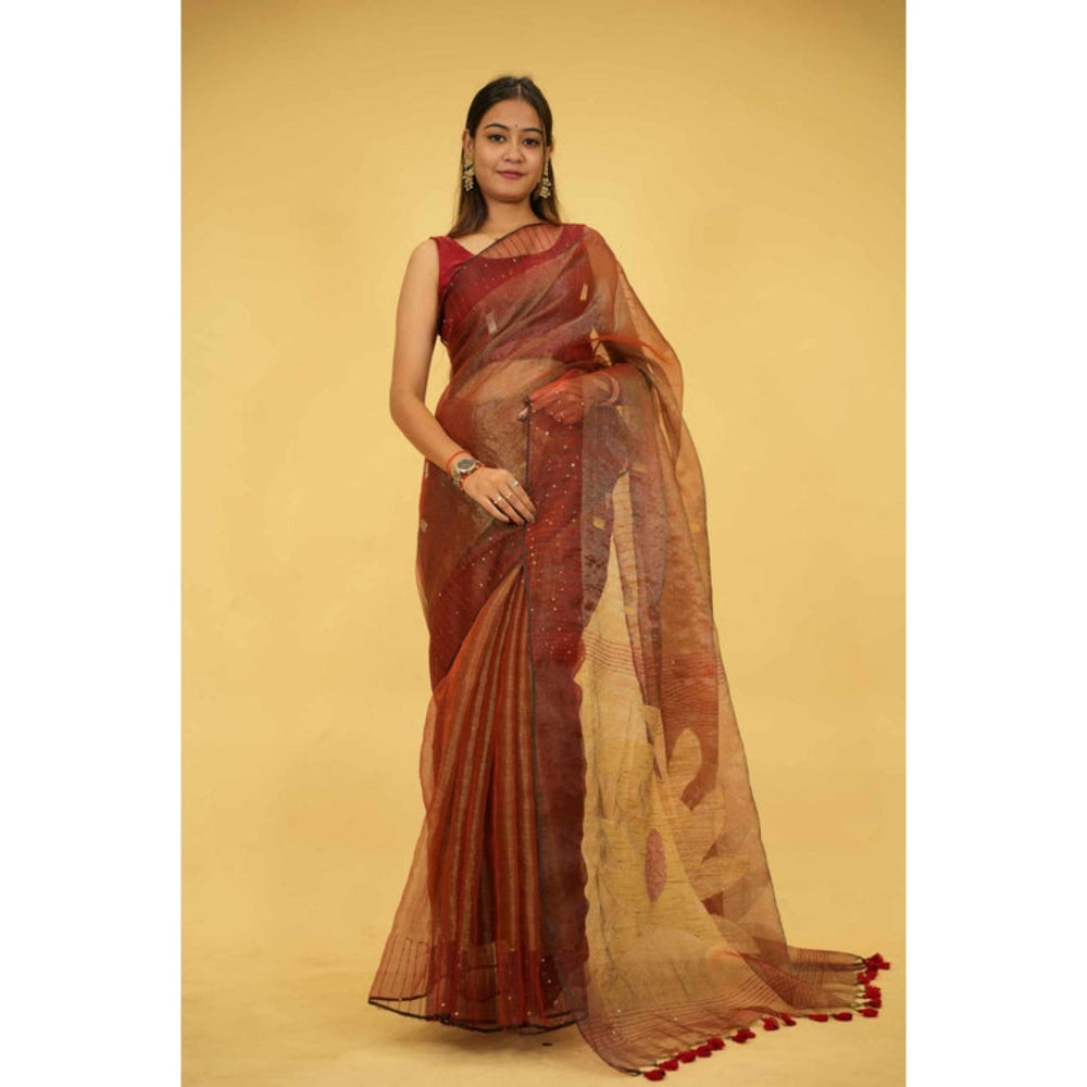 Isadora Life Womens Sequined Tassels Brown Pre-Draped Saree With Unstitched Blouse