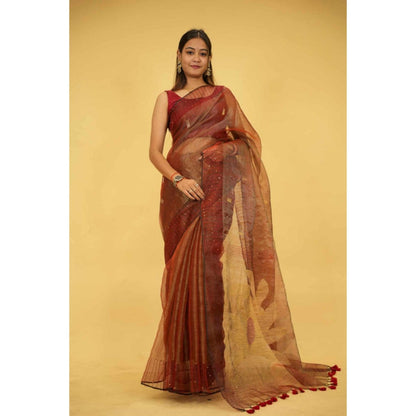 Isadora Life Womens Sequined Tassels Brown Pre-Draped Saree With Unstitched Blouse