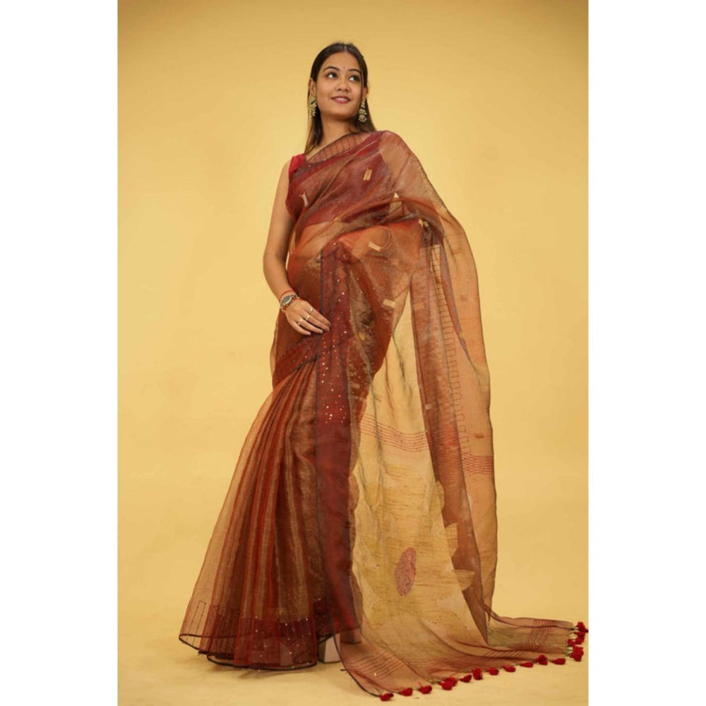 Isadora Life Womens Sequined Tassels Brown Pre-Draped Saree With Unstitched Blouse