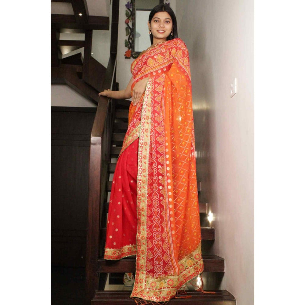 Isadora Life Womens Bandhani Printed Orange Pre-Draped Saree With Unstitched Blouse