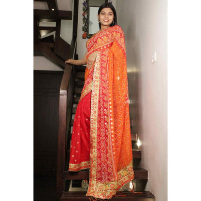 Isadora Life Womens Bandhani Printed Orange Pre-Draped Saree With Unstitched Blouse