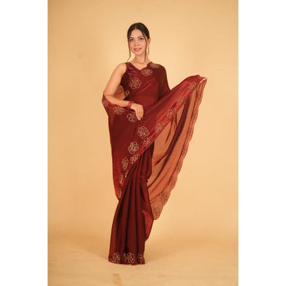 Isadora Life Womens Sequined Maroon Pre-Draped Saree With Unstitched Blouse