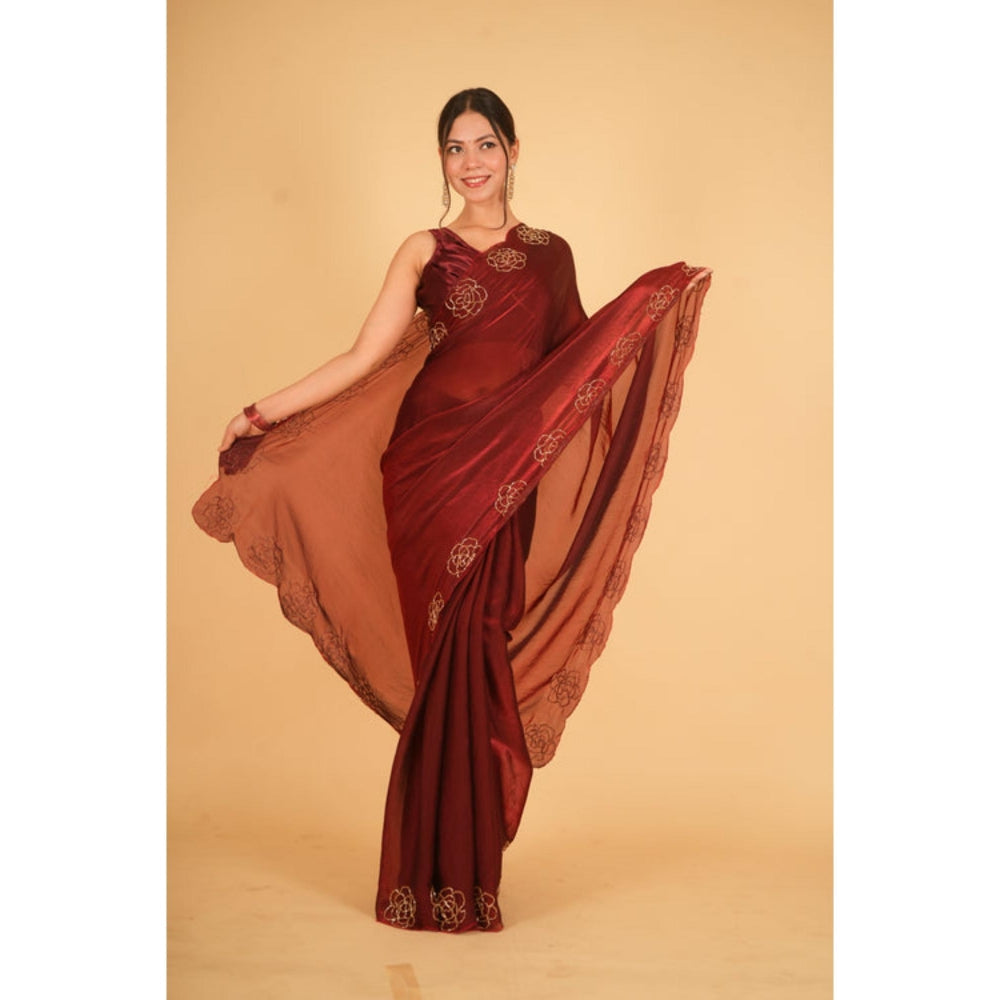 Isadora Life Womens Sequined Maroon Pre-Draped Saree With Unstitched Blouse