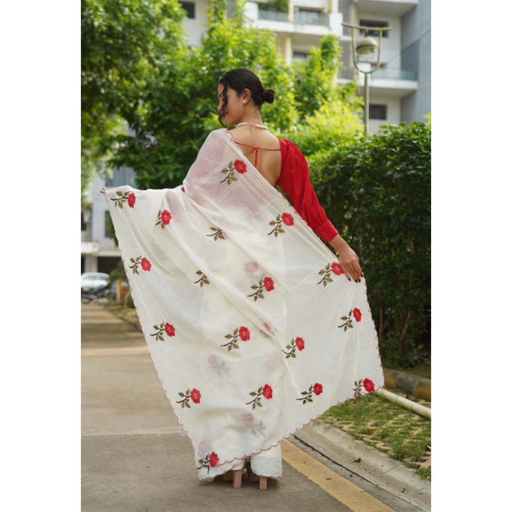 Isadora Life Womens Embroidered White Pre-Draped Saree With Unstitched Blouse