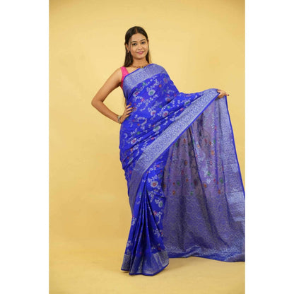 Isadora Life Womens Woven Zari Blue Pre-Draped Saree With Unstitched Blouse