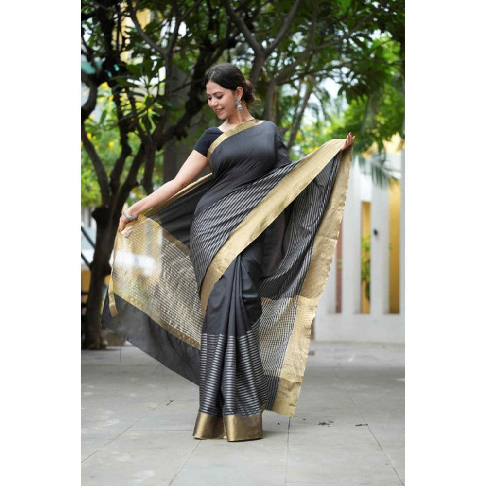 Isadora Life Womens Stripes Zari Black Pre-Draped Saree With Unstitched Blouse