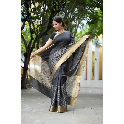 Isadora Life Womens Stripes Zari Black Pre-Draped Saree With Unstitched Blouse