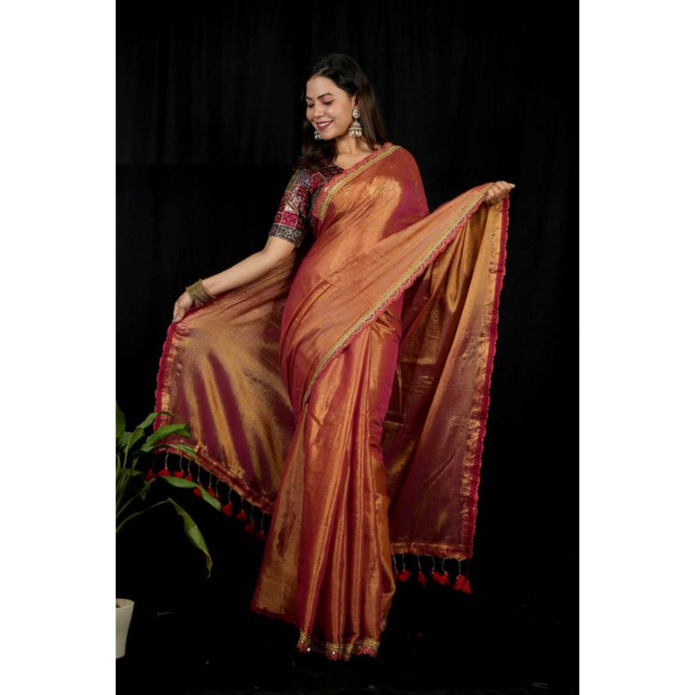 Isadora Life Womens Solid Tassels Copper Pre-Draped Saree With Unstitched Blouse