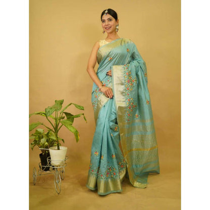 Isadora Life Womens Floral Embroidered Blue Pre-Draped Saree With Unstitched Blouse