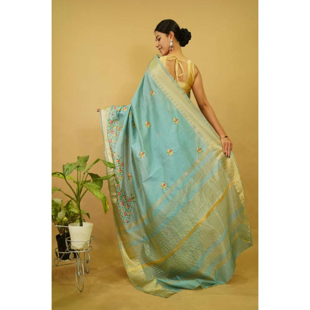 Isadora Life Womens Floral Embroidered Blue Pre-Draped Saree With Unstitched Blouse
