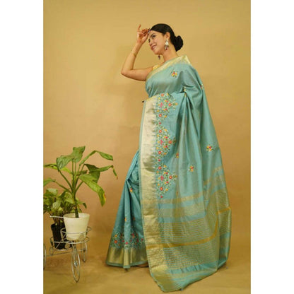 Isadora Life Womens Floral Embroidered Blue Pre-Draped Saree With Unstitched Blouse