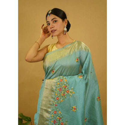 Isadora Life Womens Floral Embroidered Blue Pre-Draped Saree With Unstitched Blouse