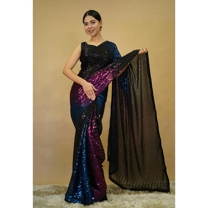 Isadora Life Womens Sequined Multi-Color Pre-Draped Saree With Unstitched Blouse
