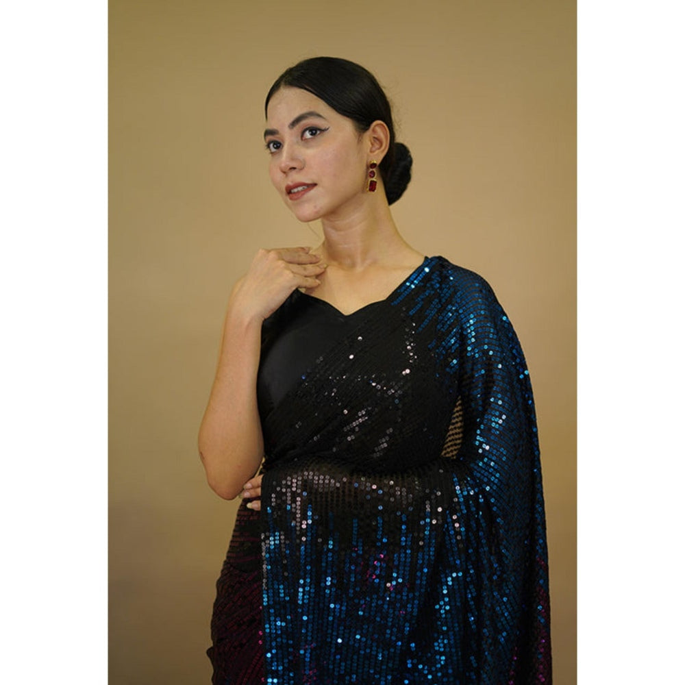 Isadora Life Womens Sequined Multi-Color Pre-Draped Saree With Unstitched Blouse