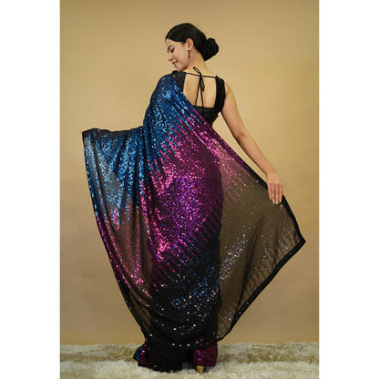 Isadora Life Womens Sequined Multi-Color Pre-Draped Saree With Unstitched Blouse