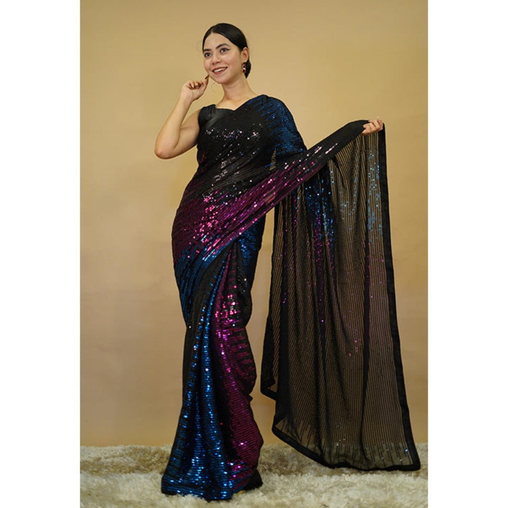 Isadora Life Womens Sequined Multi-Color Pre-Draped Saree With Unstitched Blouse