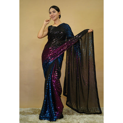 Isadora Life Womens Sequined Multi-Color Pre-Draped Saree With Unstitched Blouse
