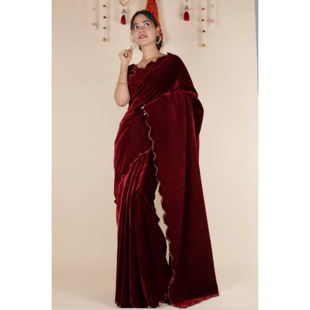 Isadora Life Womens Solid Gota Maroon Pre-Draped Saree with Unstitched Blouse