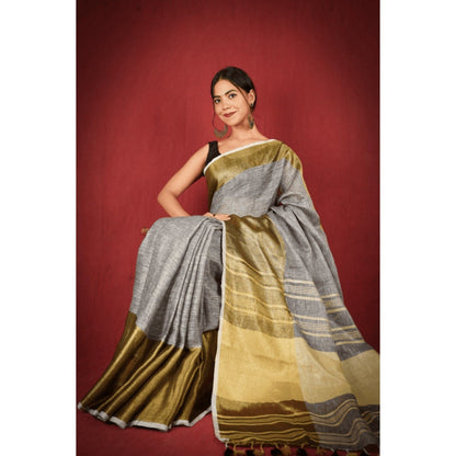 Isadora Life Womens Woven Zari Grey Pre-Draped Saree with Unstitched Blouse