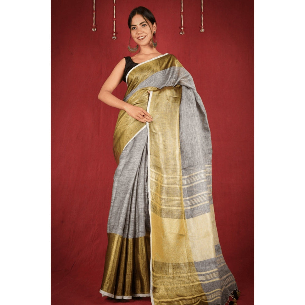 Isadora Life Womens Woven Zari Grey Pre-Draped Saree with Unstitched Blouse