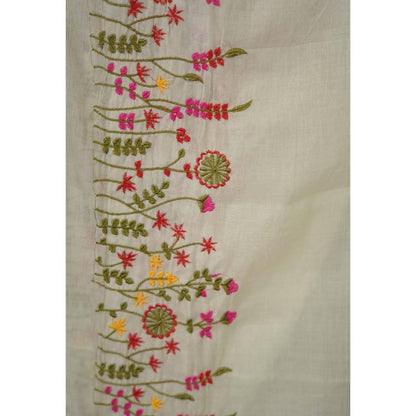 Isadora Life Womens Embroidered Thread Work White Pre-Draped Saree with Unstitched Blouse